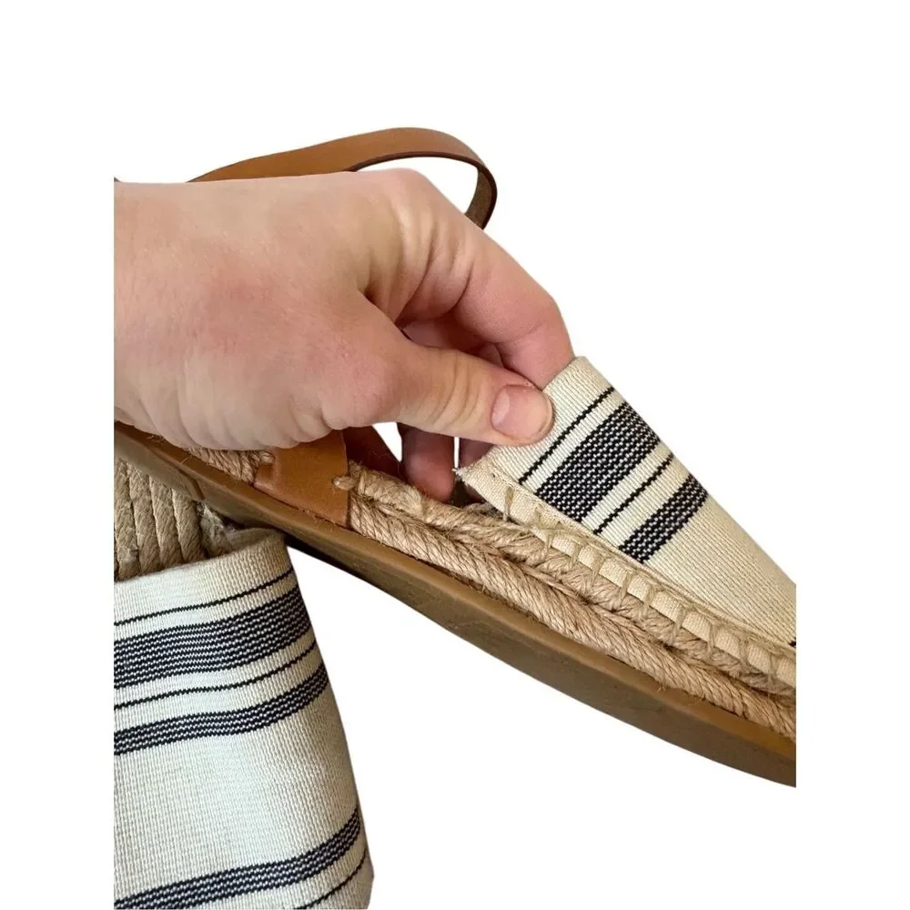 Tory‎ Burch Womens Awning Striped Ivory Blue Espadrilles Sandals Shoes 8